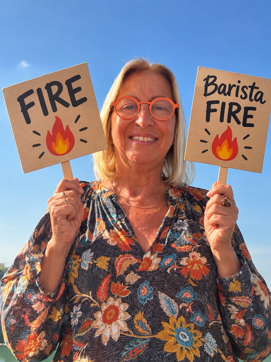 Juliette Kopp tenant deux pancartes « FIRE » et « Barista FIRE »